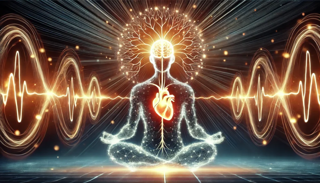 An abstract visualization of the mind-heart connection, featuring a glowing human silhouette in a meditative pose. Energy lines connect the brain and heart, symbolizing balance, harmony, and the positive impact of mindfulness on cardiovascular health.