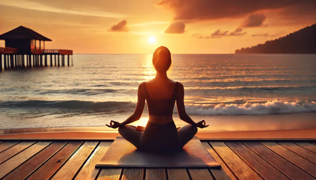 A peaceful yoga meditation session at sunset, where a person sits in the lotus position on a wooden deck overlooking the ocean. The warm hues of the sky and gentle waves enhance the atmosphere of relaxation and mindfulness.