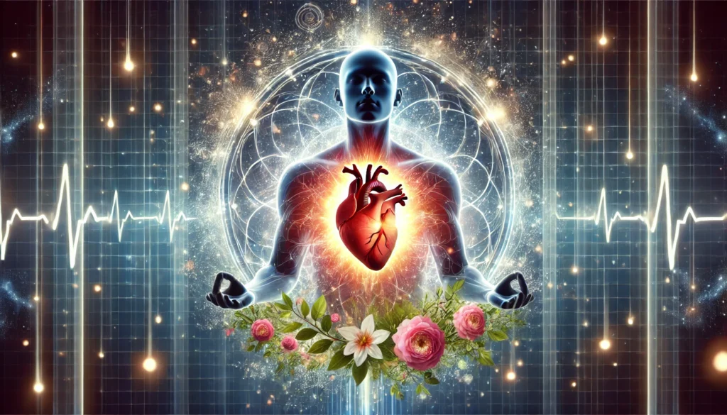 A digital artwork of a human heart glowing with energy, surrounded by natural elements like flowers and flowing water. The image symbolizes the connection between meditation, mindfulness, and cardiovascular health.