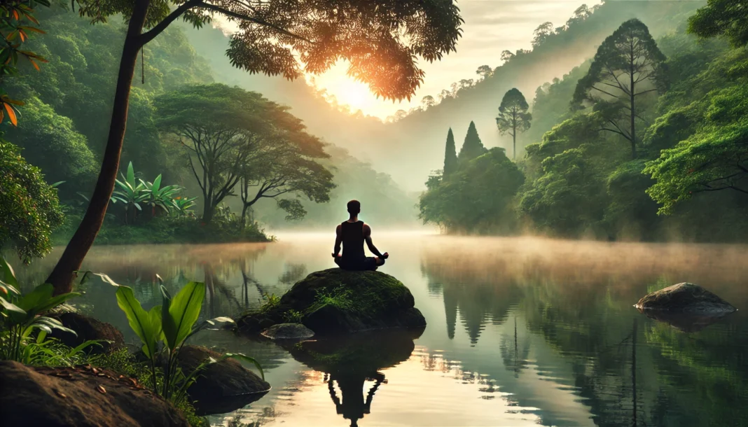 A serene meditation scene in nature featuring a person sitting cross-legged on a rock by a tranquil lake. The surrounding lush greenery and soft morning mist create a calming atmosphere, reflecting mindfulness and inner peace.