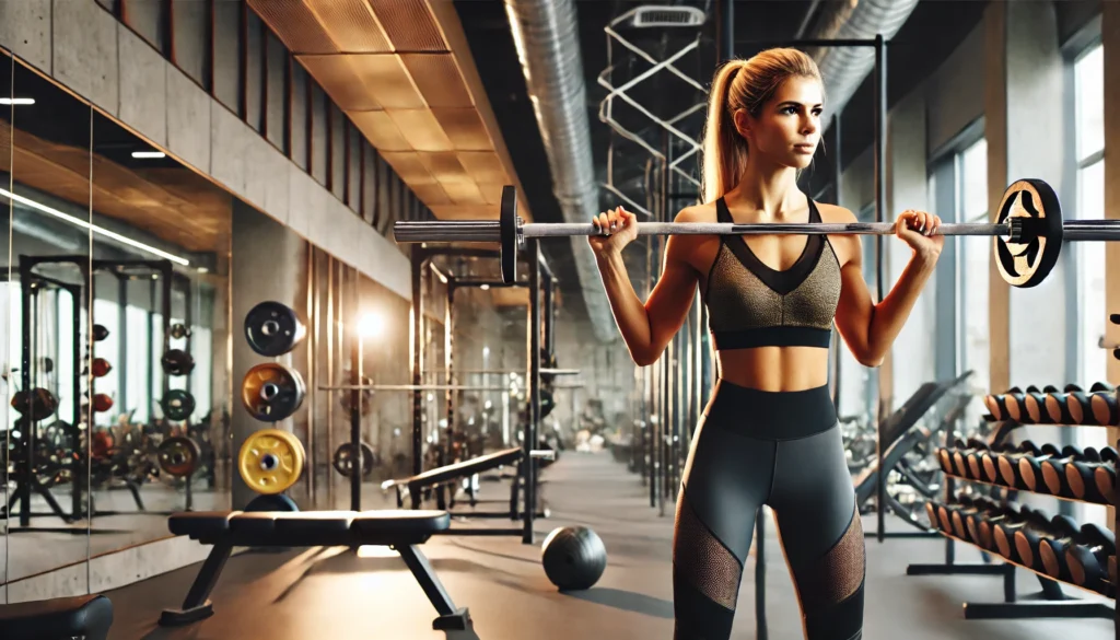 A fit and athletic woman lifting weights in a modern gym. She is wearing stylish workout attire, showcasing her toned muscles and focused expression. The gym features an industrial design with various workout equipment, including barbells and dumbbells, creating a motivational atmosphere.