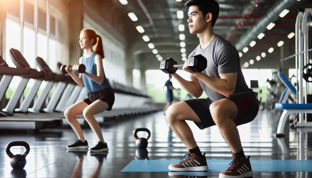 A beginner-friendly gym scene with a young man and woman performing basic strength training exercises. The man is lifting dumbbells with proper form, while the woman is doing a simple squat with a kettlebell in a well-lit and inviting gym.