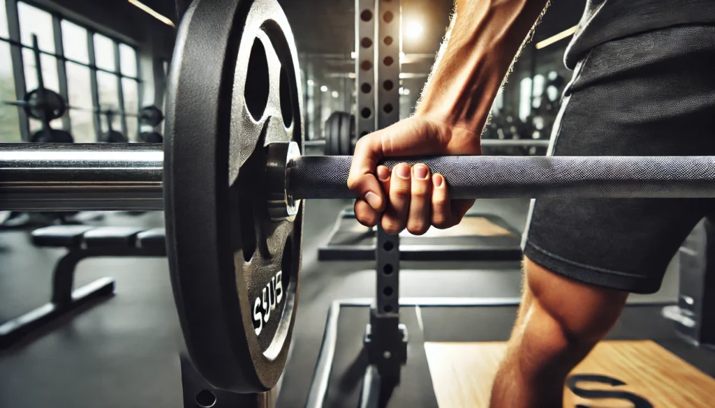 A close-up of a beginner's hands gripping a barbell on a squat rack, emphasizing proper grip technique and safety. The gym setting is modern and well-lit, highlighting the texture of the barbell.