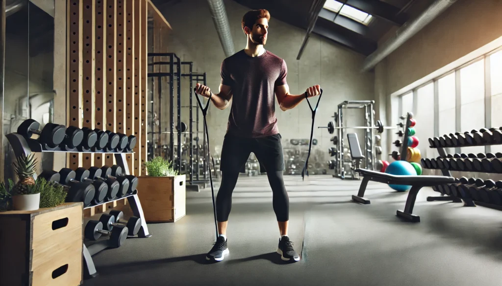 A spacious gym with a beginner using resistance bands for strength training. The person maintains good posture while pulling the bands with controlled motion. The background features neatly arranged gym equipment.