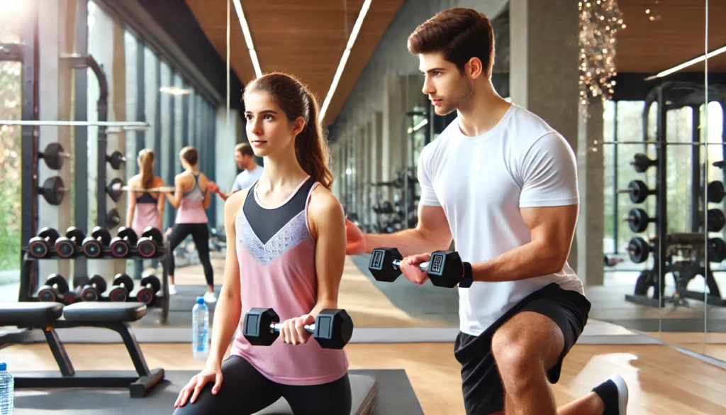 A personal trainer assisting a beginner in lifting dumbbells correctly. The trainer demonstrates the movement while the beginner follows attentively. The gym has a positive, motivational atmosphere with mirrors and organized equipment.