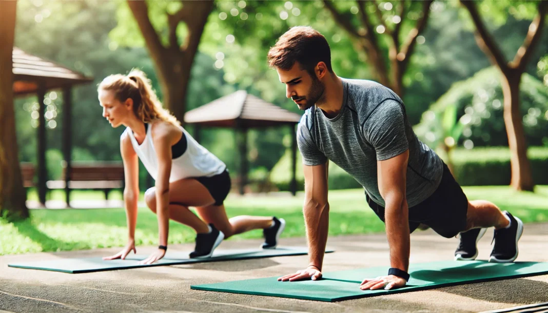 A fit man and woman performing bodyweight exercises in an outdoor park. The man is doing push-ups on a mat, while the woman is doing squats nearby. The setting is green and natural, highlighting full-body workouts in nature.