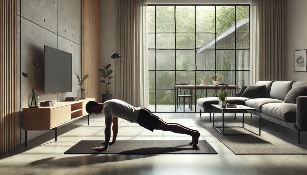 A person performing a plank exercise on a yoga mat in a minimalist home setting. The living room is bright and modern, with natural light streaming through large windows, showcasing a simple yet effective bodyweight workout.