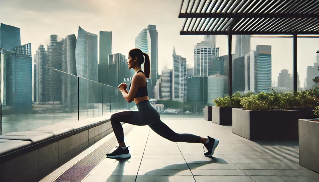 A woman doing lunges on a rooftop terrace with a city skyline in the background. She is using only her bodyweight, emphasizing strength and mobility. The urban setting illustrates full-body workouts that can be done anywhere.