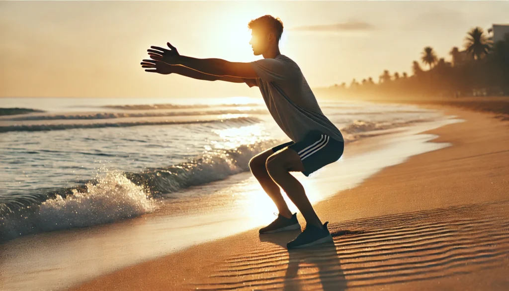 A person performing a deep squat with arms extended forward on a sandy beach at sunrise. The ocean waves and golden light create a serene and natural workout environment, highlighting mobility and flexibility exercises.