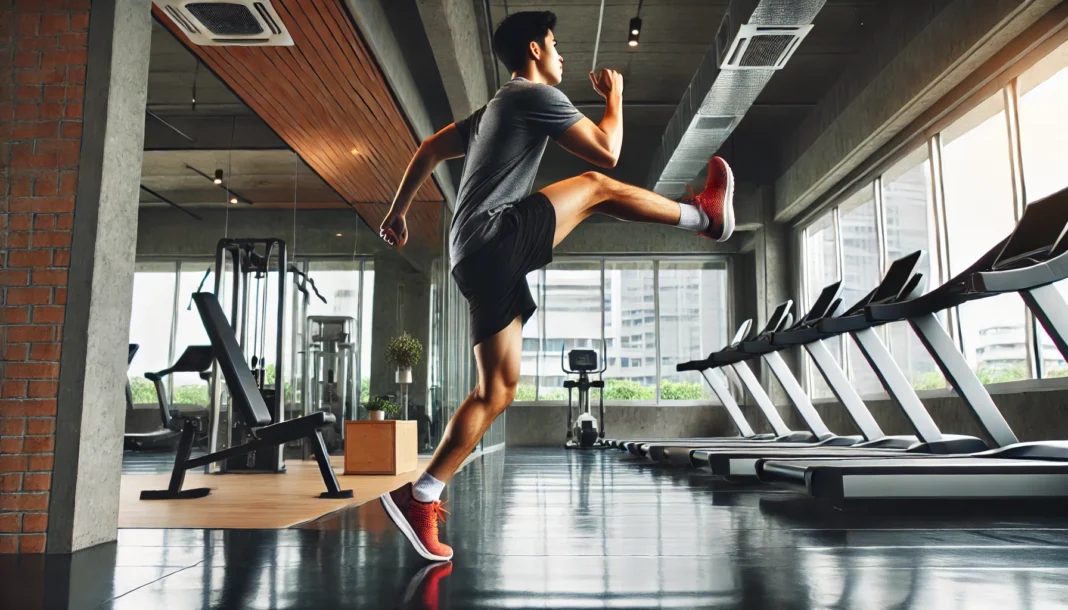 A person performing a high-knee running in place exercise in a modern gym. They are mid-motion, lifting their knee high while maintaining proper posture. The gym environment has mirrors and exercise equipment in the background.