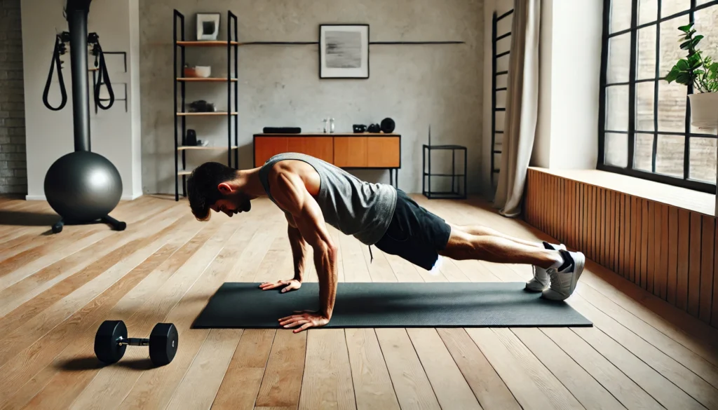 A man performing a push-up on a yoga mat in a minimalist home gym. His arms are bent as he lowers himself toward the ground, maintaining core engagement. The space is clean, with light wood flooring and neatly arranged workout accessories.