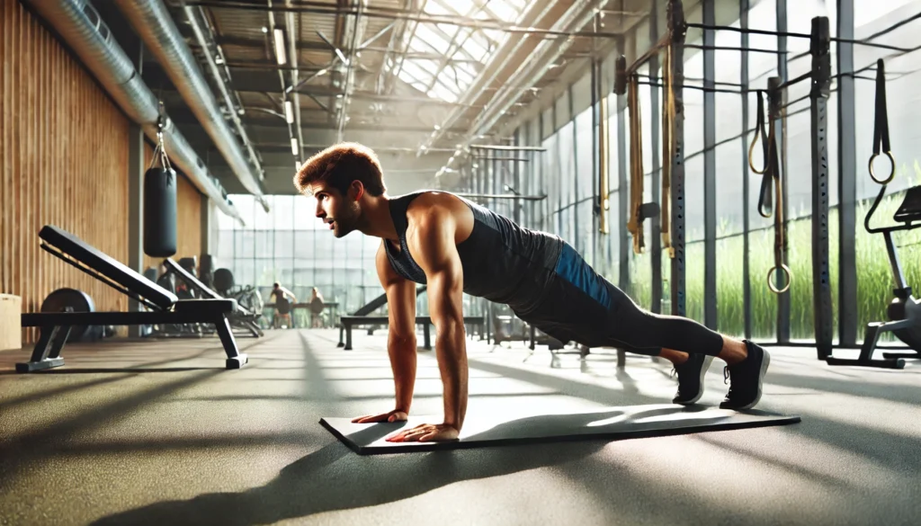 A person performing a mountain climber exercise on a workout mat in a bright, spacious gym. They are in a plank position, bringing one knee toward their chest with a focused expression. The gym features large windows, allowing natural light to highlight the energetic workout environment.