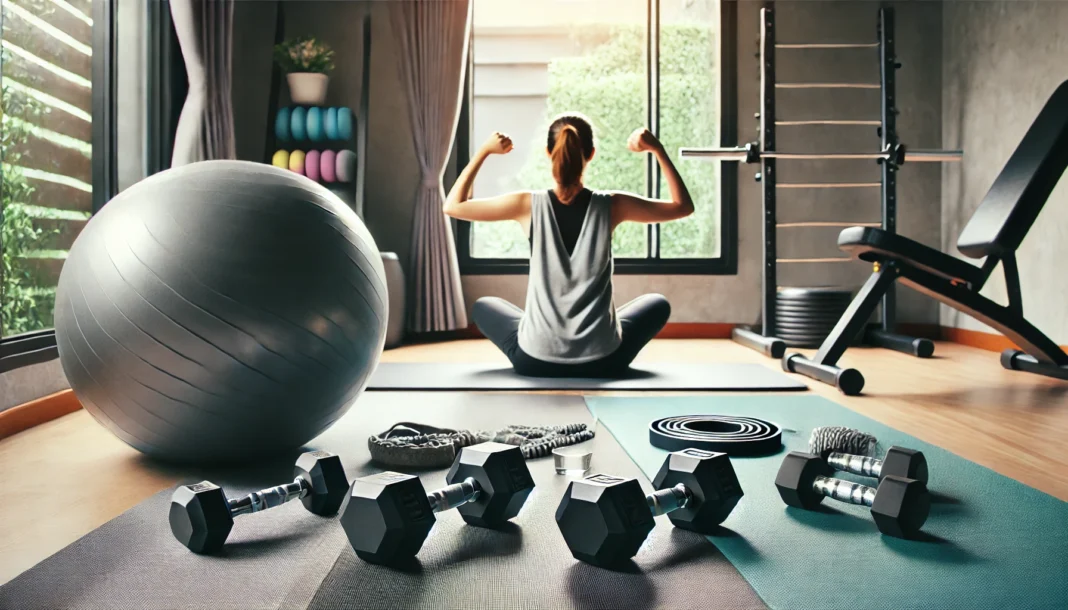 A well-lit home gym with a woman performing yoga stretches on a mat, surrounded by dumbbells, resistance bands, and a stability ball. The space has modern decor with large windows allowing natural light.