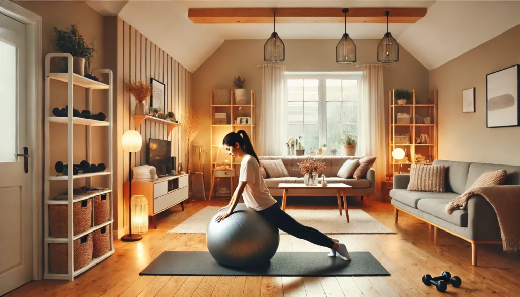 A woman practicing Pilates in a cozy home gym, using a stability ball for core exercises. The environment is warm, featuring soft lighting, yoga mats, and neatly organized fitness equipment.