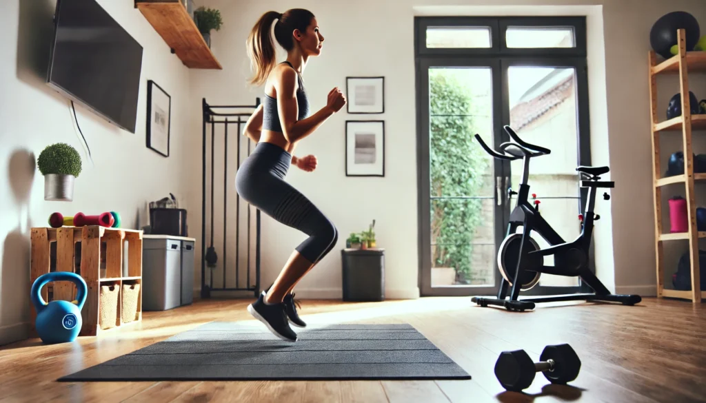 A woman engaged in a high-energy cardio workout in her home gym, performing jumping jacks or high knees. The bright and spacious environment features an exercise bike and dumbbells in the background.