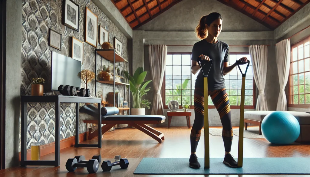 A woman performing a full-body workout in a home gym, using resistance bands for strength training. The space is modern and well-organized, featuring a yoga mat, dumbbells, and a workout bench in the background.