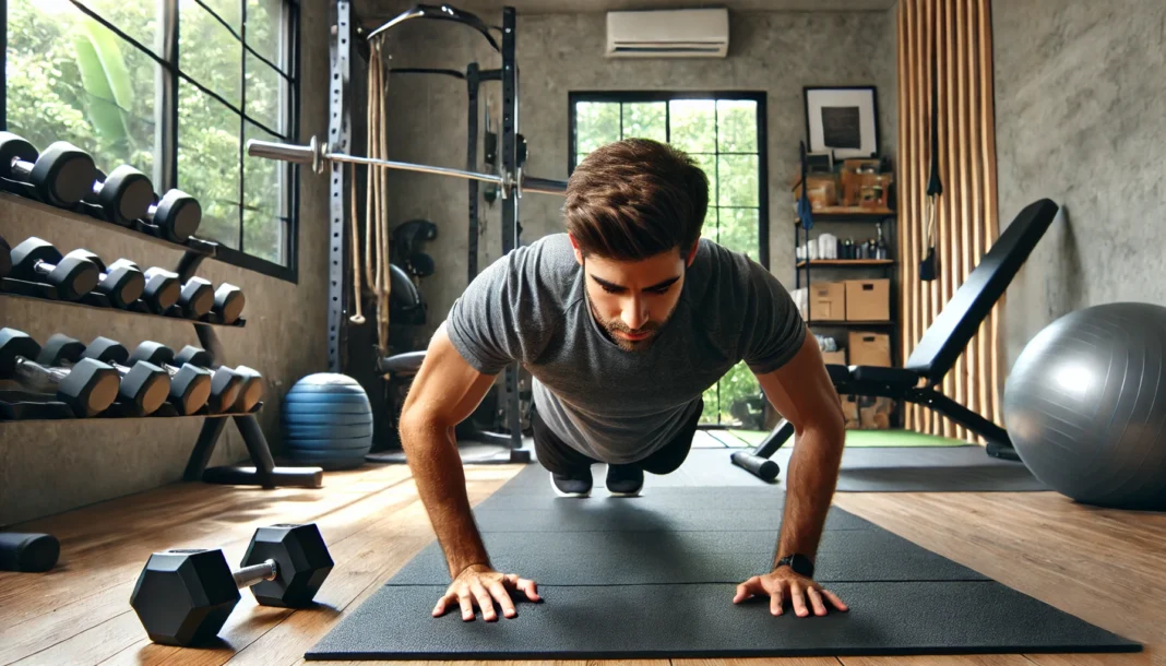 A man performing push-ups in a modern home gym, focusing on pectoral strength. The space is well-lit, with dumbbells, resistance bands, and a workout bench visible in the background.