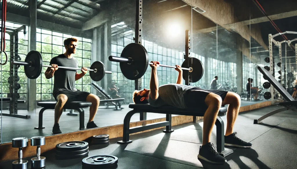 A man performing bench press exercises in a professional gym, lifting a barbell with focused effort. The gym is equipped with weight plates, dumbbells, and mirrors reflecting the workout space.