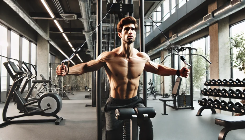 A man performing cable chest fly exercises in a gym, engaging his pectoral muscles. The gym is modern, with various strength training machines, dumbbells, and mirrors in the background.