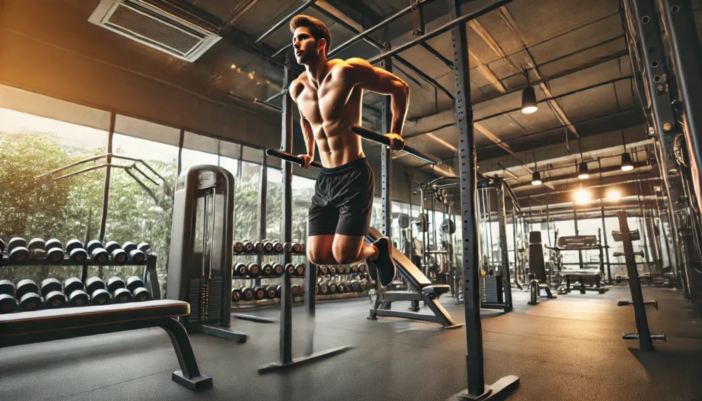 A man doing dips on parallel bars in a gym, targeting his chest muscles. The gym has a professional setup with strength training equipment, weight plates, and mirrors in the background.