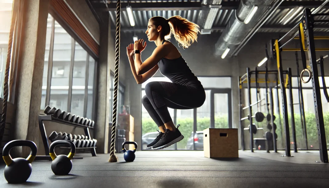 A woman performing high-intensity interval training (HIIT) in a gym, doing jump squats with focused energy. The gym is modern and well-lit, with kettlebells, dumbbells, and a battle rope in the background.