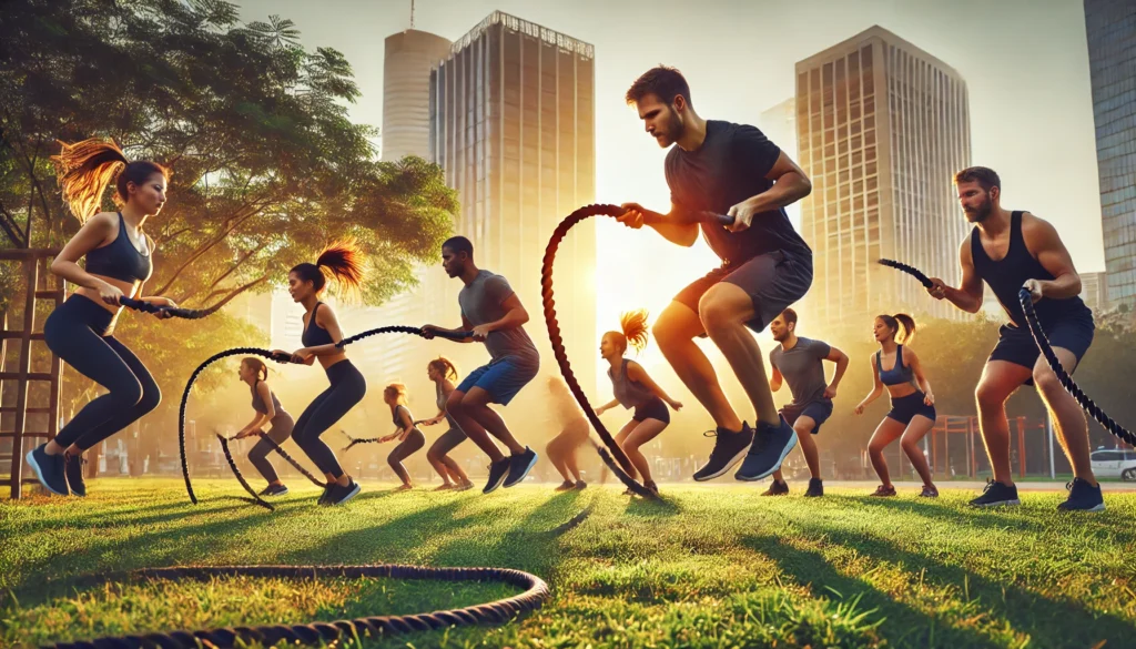 A group of people participating in a dynamic outdoor bootcamp workout, performing jumping lunges and battle rope exercises. The setting is a park with bright sunlight, green grass, and an energetic atmosphere.