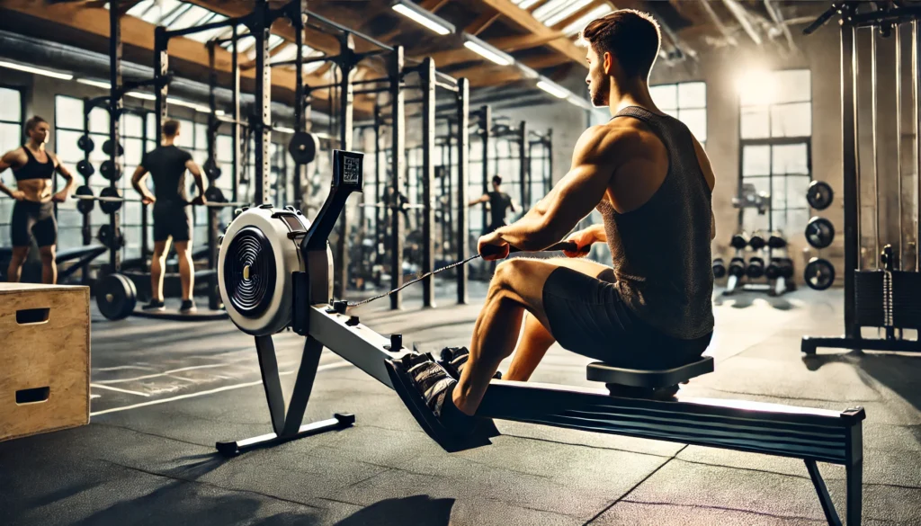 A person engaged in a full-body rowing machine workout at a modern gym, focusing on endurance and weight loss. The gym has bright lighting, multiple workout stations, and a motivating atmosphere.