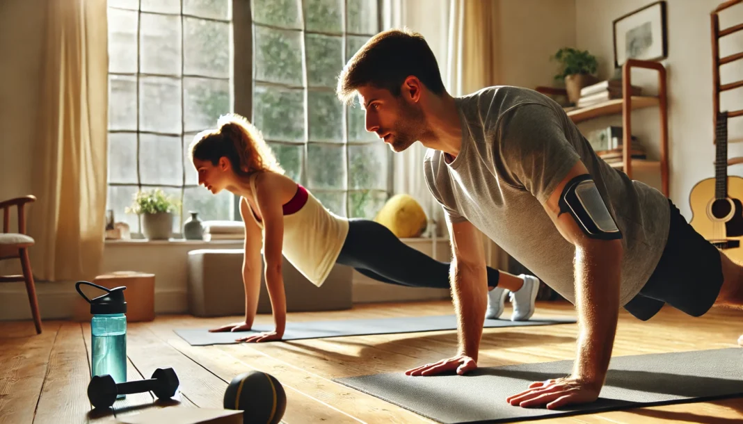 A fit man doing push-ups and a woman performing squats in a cozy, sunlit living room with a yoga mat and minimal workout equipment.