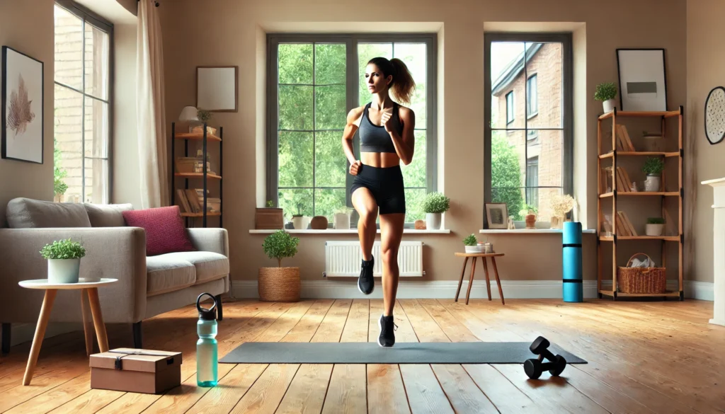 A fit woman doing jumping jacks in a modern living room with wooden flooring, large windows, a yoga mat, and a water bottle nearby.