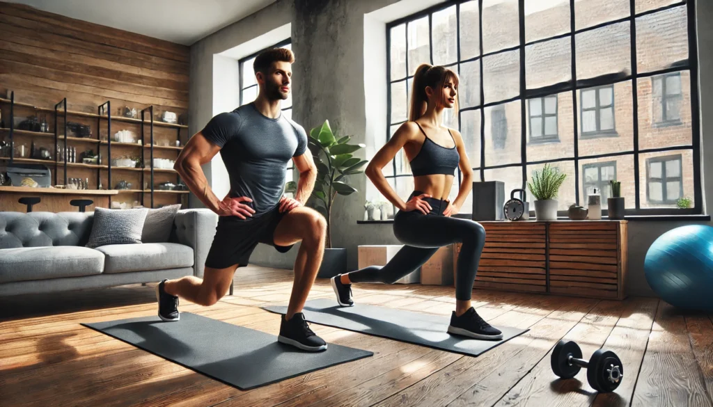 A fit couple performing lunges together in a stylish home gym with wooden flooring, large windows, and fitness equipment like dumbbells and resistance bands.