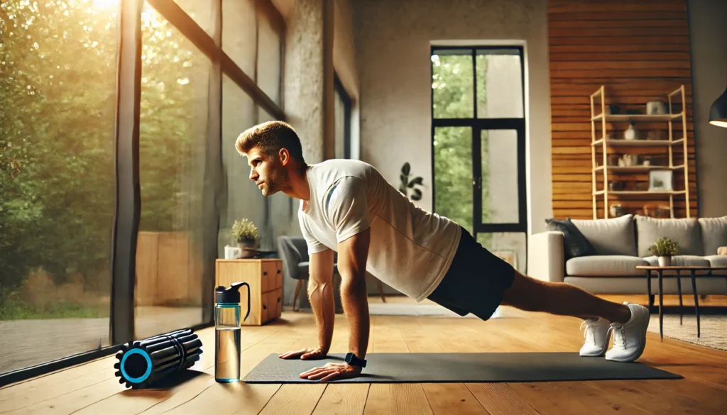 A fit man holding a plank position in a bright, modern home gym setting with a yoga mat, foam roller, and water bottle beside him.