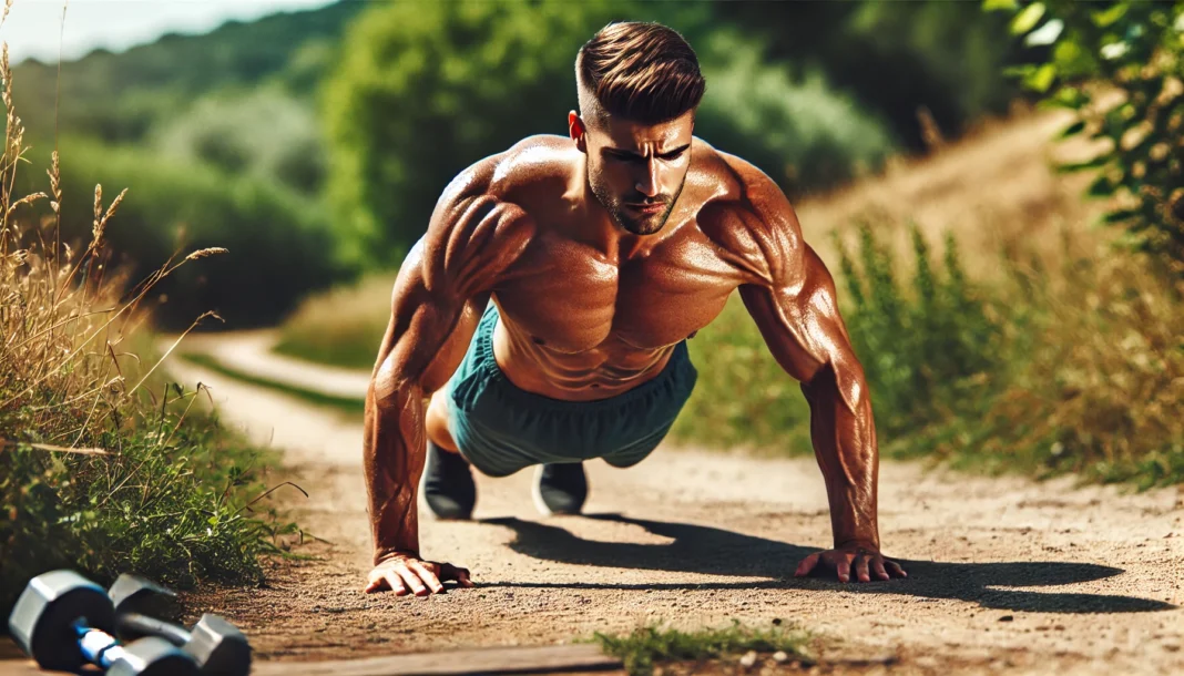 A muscular man performing explosive push-ups on a dirt path surrounded by lush nature, emphasizing strength, endurance, and a no-weight workout for men in an outdoor setting.