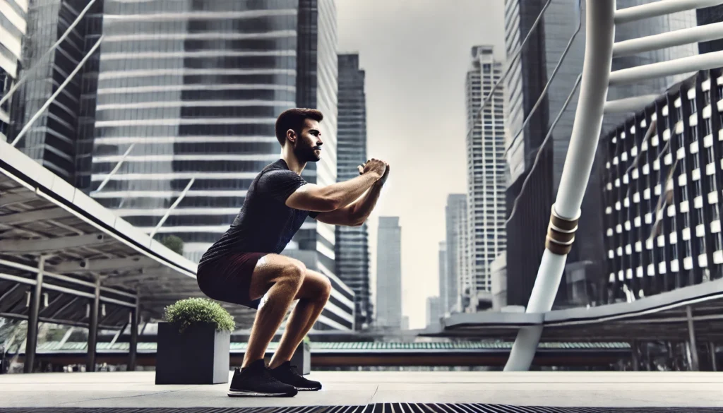 A fit and athletic man executing a single-leg squat (pistol squat) on a concrete surface with a city skyline in the background, showcasing balance, core strength, and leg endurance in an urban no-weight workout for men.