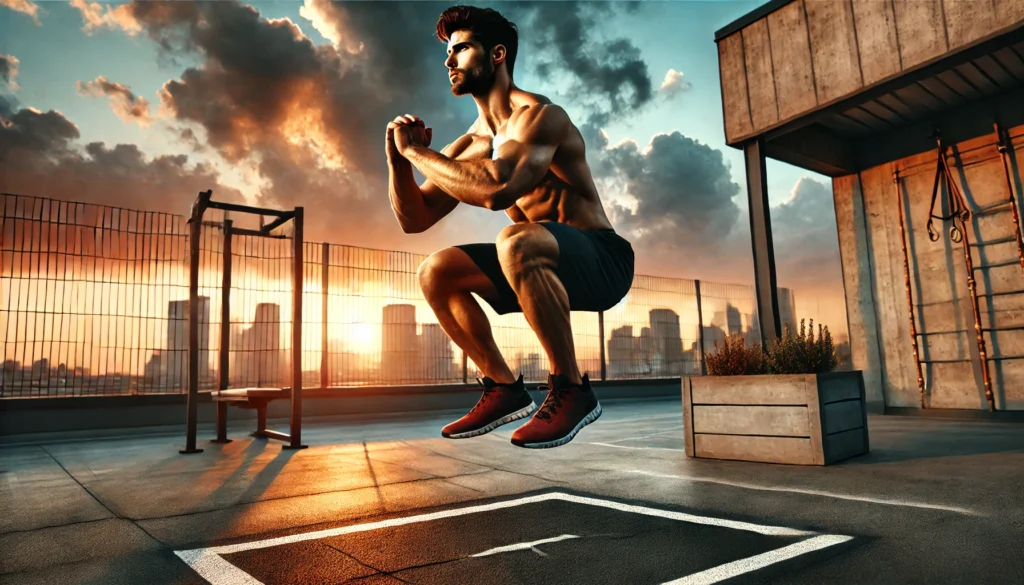 A powerful man mid-air during a dynamic jump squat on a rooftop workout area, with a stunning sunset cityscape in the background, highlighting agility, lower body power, and explosive movement in a daily body weight workout for men.