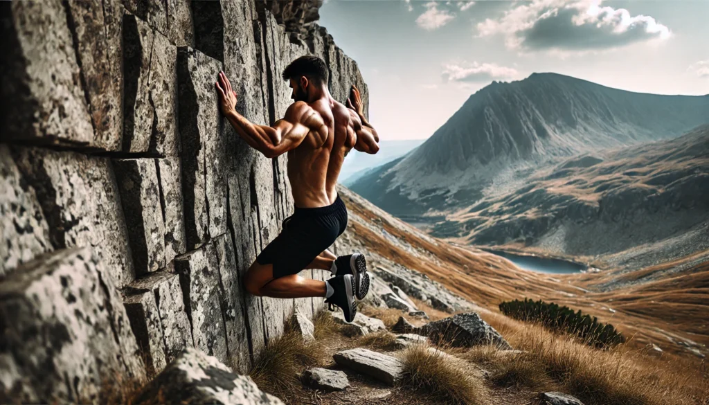 A strong, athletic man executing a perfect handstand push-up against a rugged outdoor rock wall, surrounded by a mountainous landscape, demonstrating advanced body control, upper body strength, and stability in a no-weight workout for men.