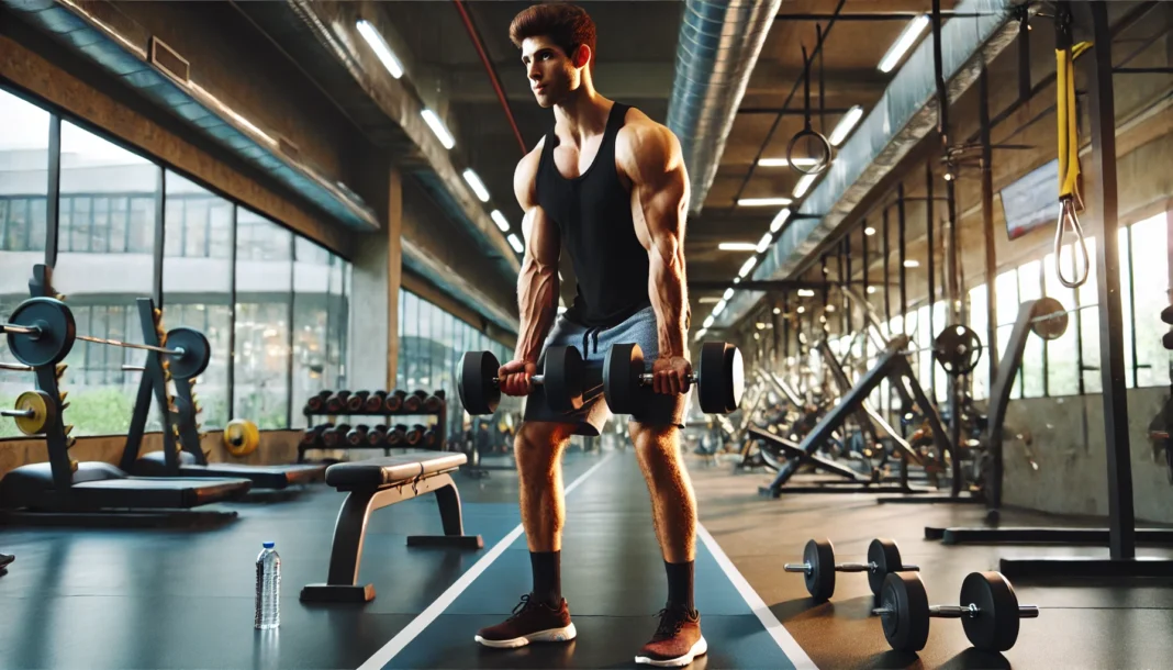 A muscular man performing a dumbbell deadlift in a modern gym, showcasing strength and stability. The well-lit gym features various fitness equipment in the background, creating an energetic training atmosphere.