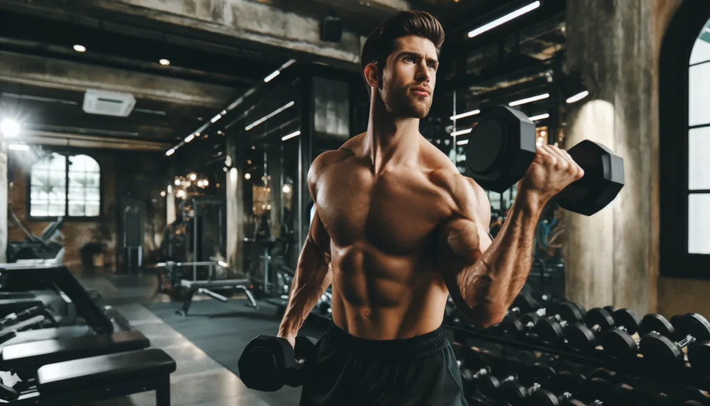 A fit and strong man executing a dumbbell shoulder press in an industrial-style gym. His muscles are visibly engaged as he lifts the dumbbells overhead, with gym equipment, mirrors, and exposed brick walls in the background.