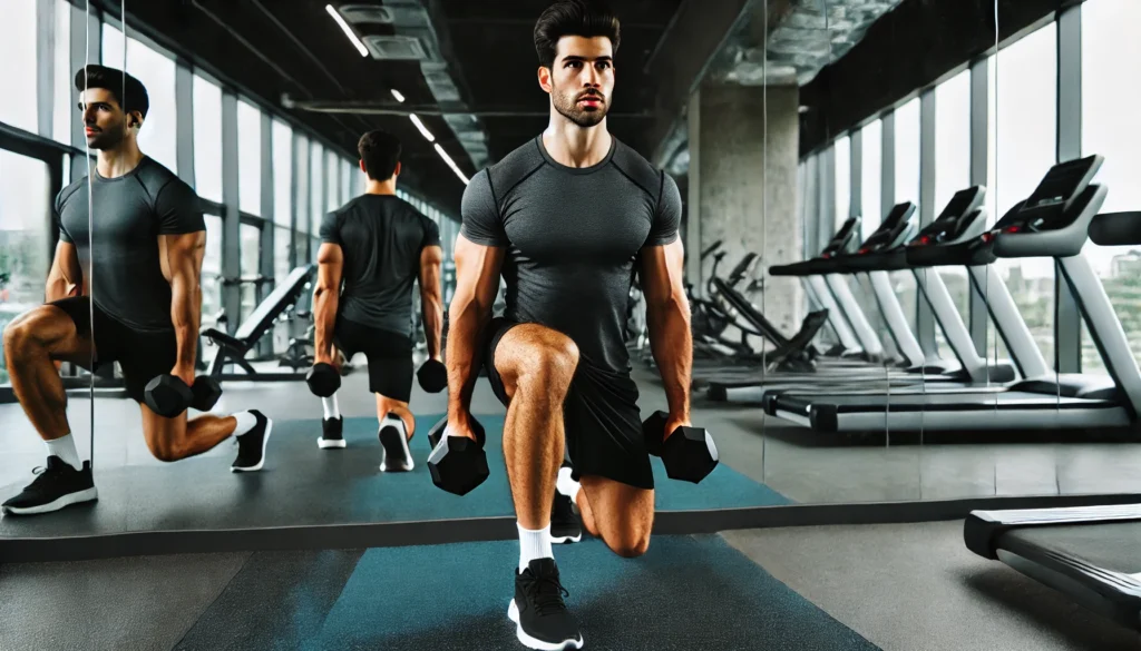 A strong, athletic man performing a dumbbell lunge in a modern gym. He holds a dumbbell in each hand while stepping forward with precision, with mirrors and various workout machines reflecting his focused effort.