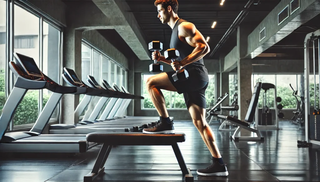 A muscular man performing a dumbbell step-up on a sturdy workout bench in a modern gym. He holds a dumbbell in each hand, showcasing leg strength and balance. The gym is well-lit, with various fitness equipment and mirrors reflecting his intense workout.