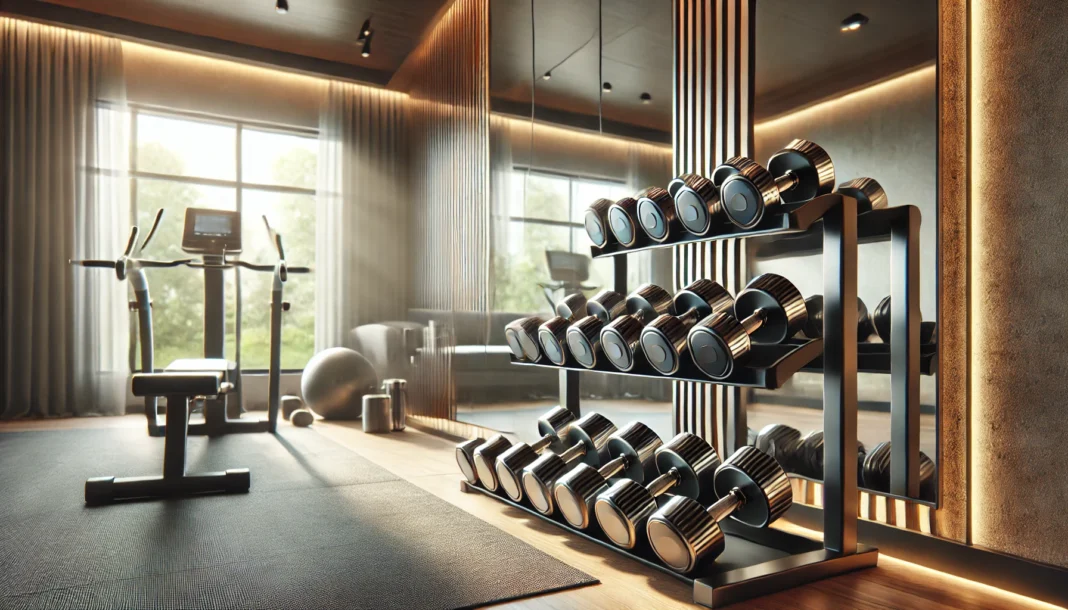 A sleek and well-lit home gym featuring adjustable dumbbells on a stylish rack, with natural light streaming in through large windows, creating an inviting and motivating workout space.