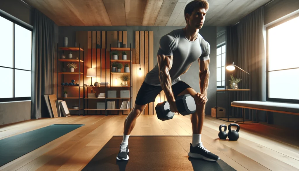 A person performing an intense dumbbell exercise in a stylish home gym, showcasing toned muscles and a neatly arranged fitness space with a yoga mat and kettlebells.