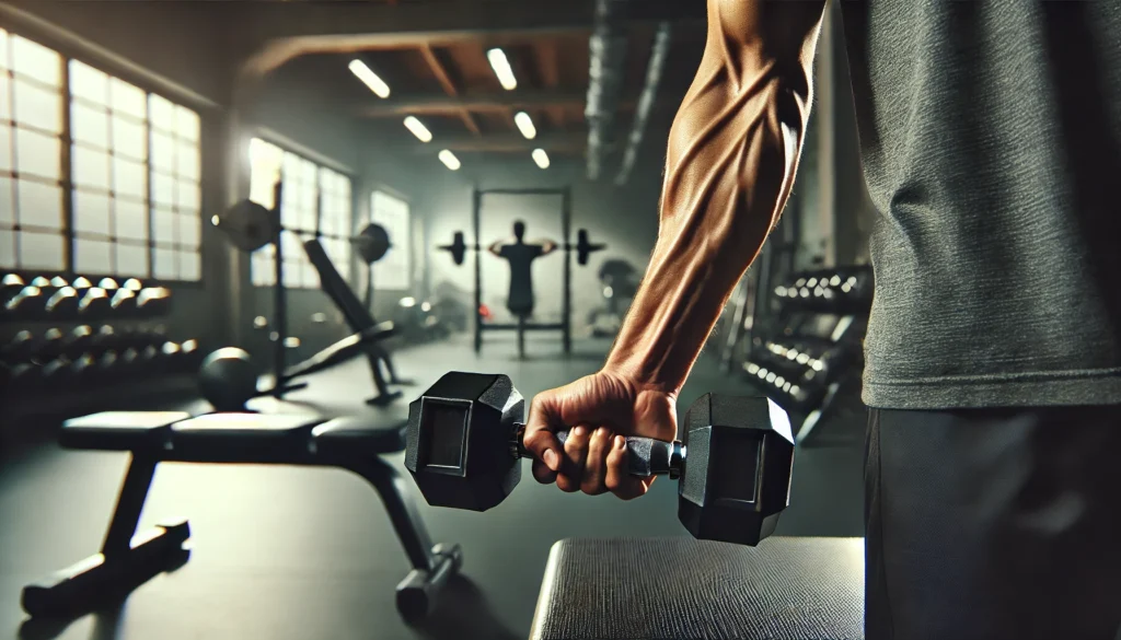 Strong hands gripping a pair of dumbbells in a home gym setting, with visible veins and muscles highlighting determination. The background features a workout bench and a mirror, creating a focused and motivating atmosphere.