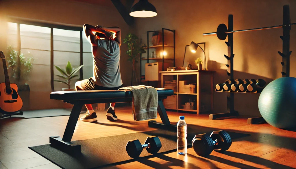 A person stretching after an intense dumbbell workout in a peaceful home gym setting, with a towel draped over a bench and a water bottle nearby, symbolizing recovery and relaxation.