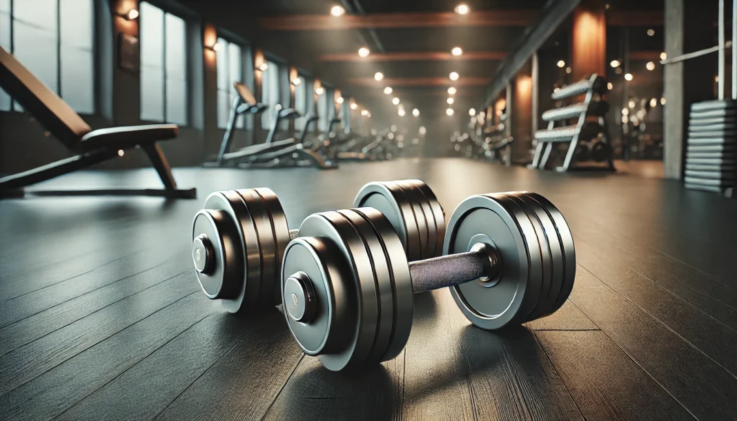 A pair of adjustable dumbbells with a sleek metallic finish placed on a gym floor, surrounded by a dimly lit fitness studio, emphasizing their ergonomic grip and selectable weight plates.