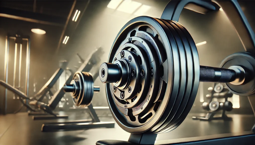 A close-up of an adjustable dumbbell in motion, with weight plates shifting seamlessly in a high-tech gym environment, showcasing smooth adjustability and modern design.