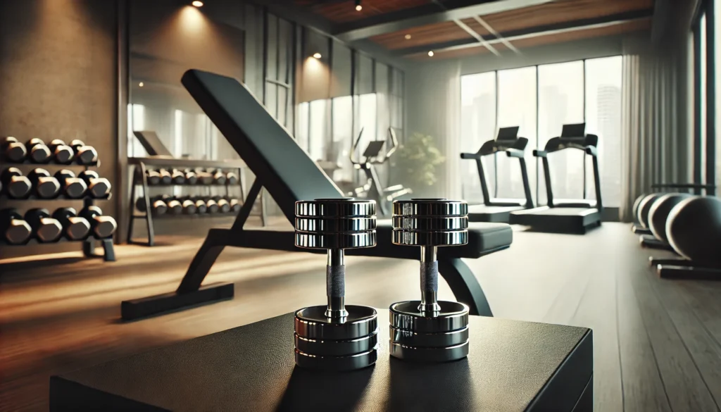 A pair of adjustable dumbbells resting on a gym bench in a spacious home gym, with soft lighting highlighting their compact, space-saving design and premium finish.