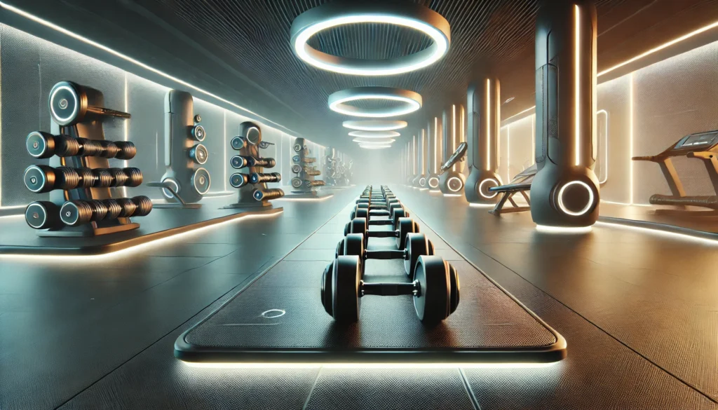 A futuristic gym setup featuring adjustable dumbbells on a workout mat, illuminated by ambient LED lighting, emphasizing a minimalistic and high-end fitness atmosphere.