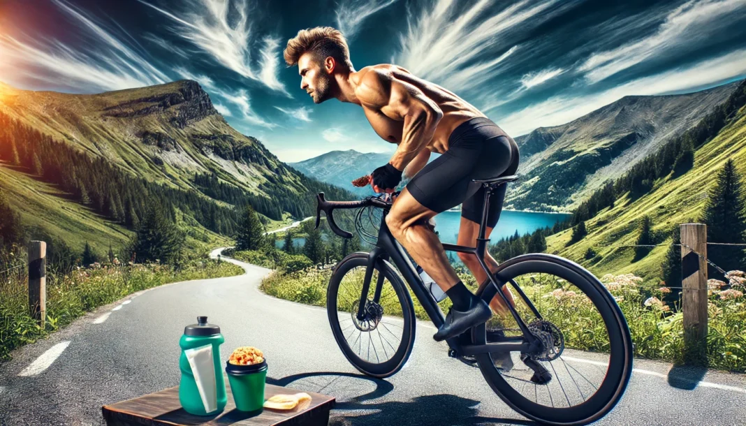 A cyclist riding on a scenic mountain road, powered by a low-carb diet, showcasing strength, endurance, and performance with a water bottle and nutrition-packed snack in a pouch.