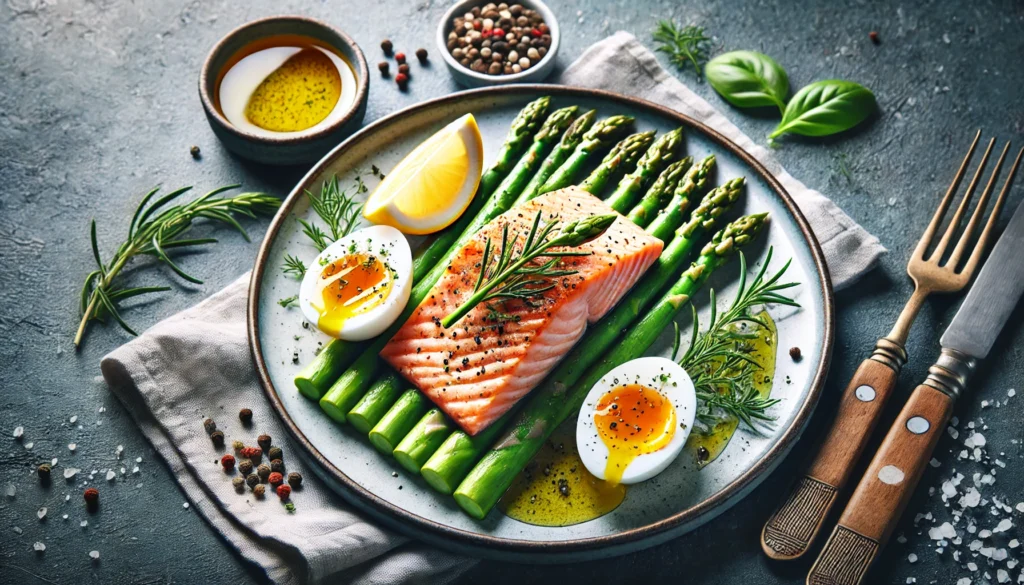 A beautifully plated low-carb meal for athletes, featuring salmon, asparagus, and a boiled egg, arranged with fresh herbs and a drizzle of olive oil, emphasizing high-protein and healthy fats.
