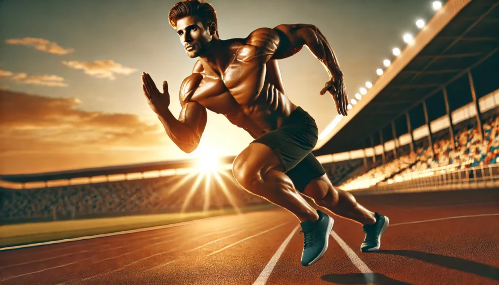 A muscular runner sprinting on a track at sunrise, highlighting the power of a low-carb diet for peak physical performance, with a determined expression and lean physique.
